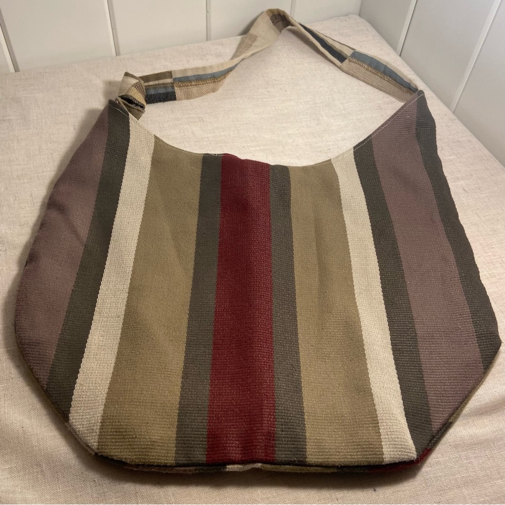 Handmade bag fabric purse shoulder tan neutrals striped maroon boho floral lined